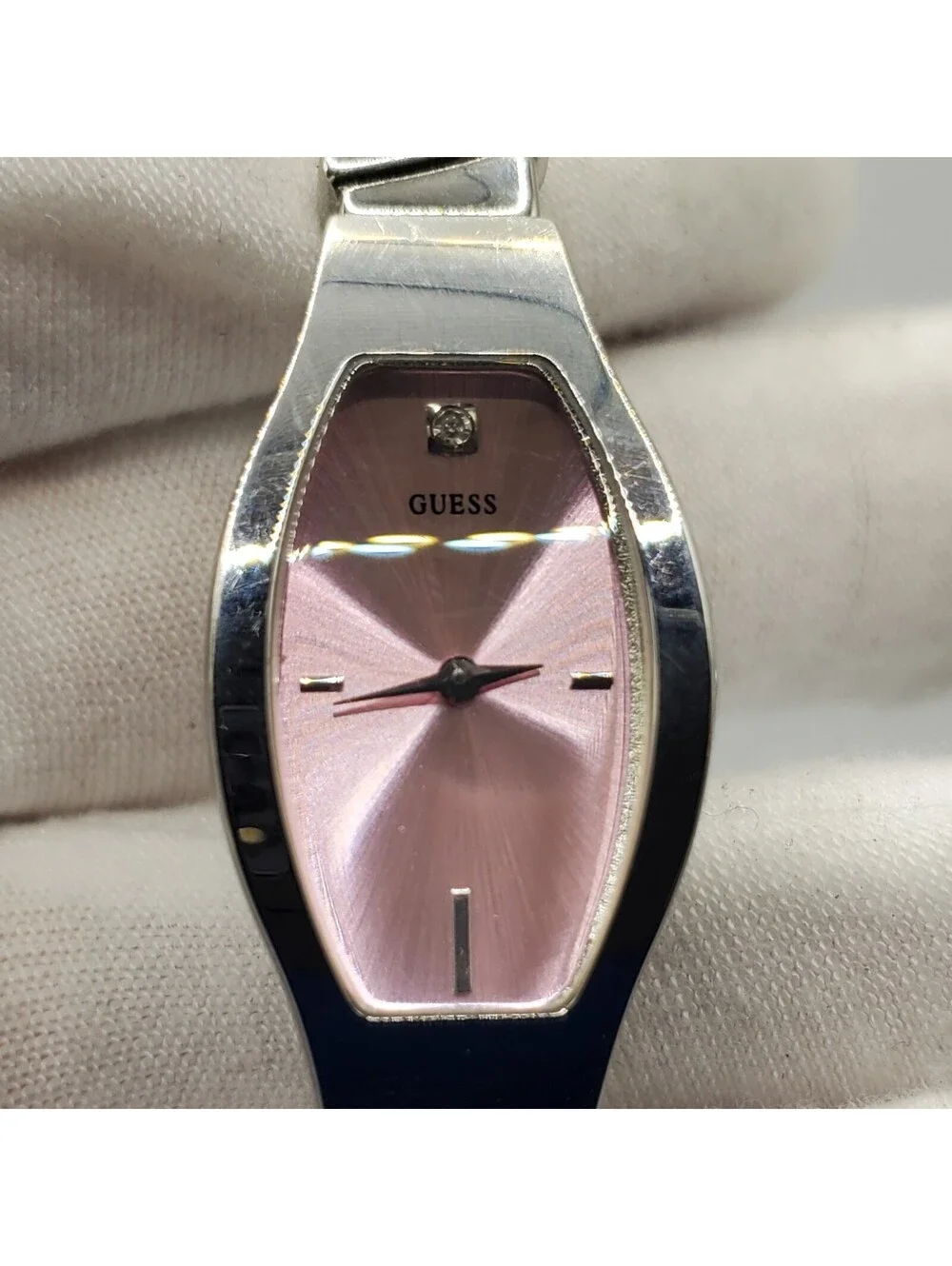 Guess Pink Dial Rectangle Womens Watch  17mm Silver Tone New Battery